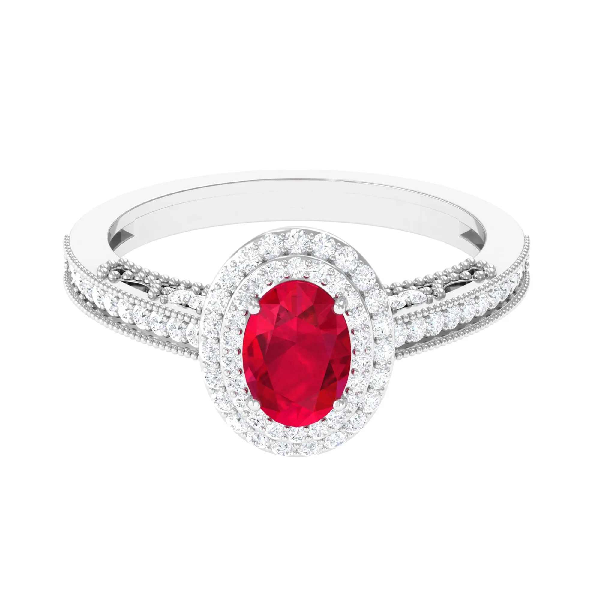 Oval Created Ruby and Diamond Double Halo Engagement Ring