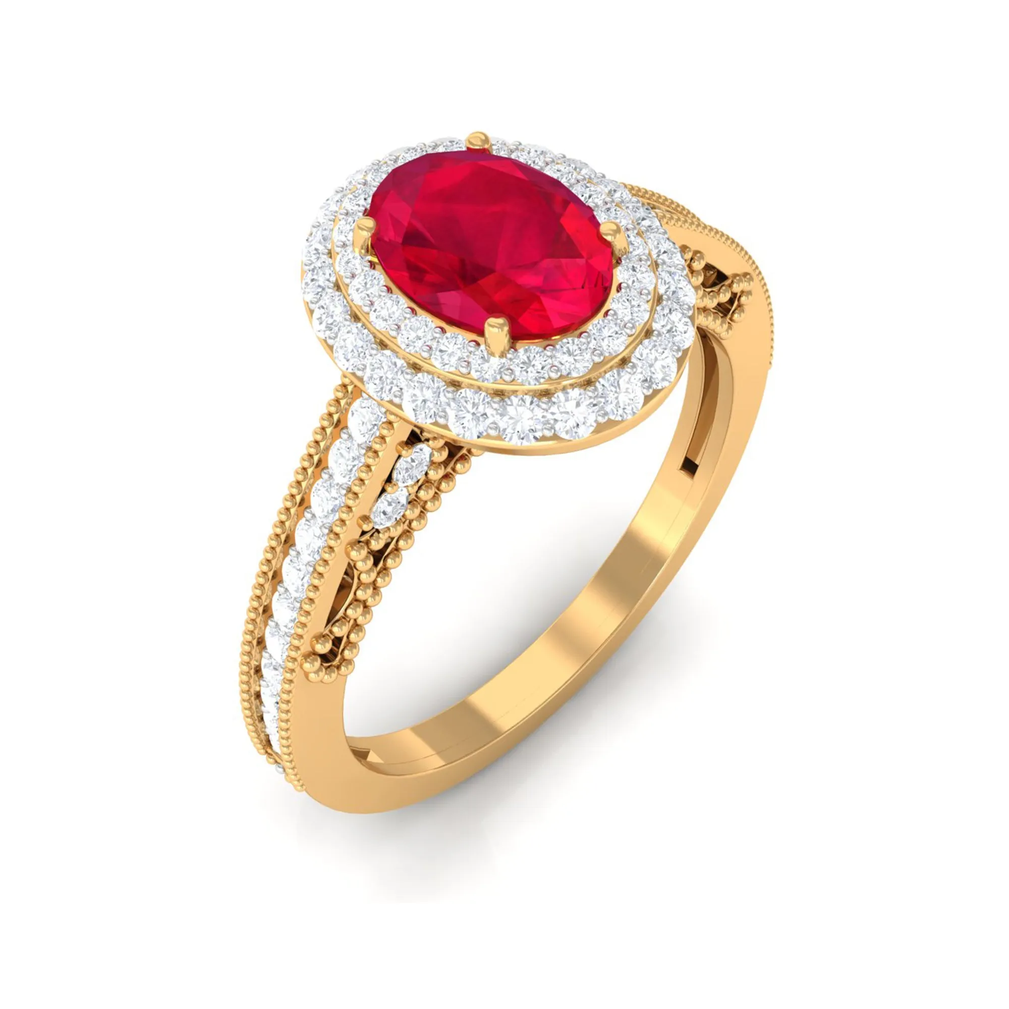 Oval Created Ruby and Diamond Double Halo Engagement Ring