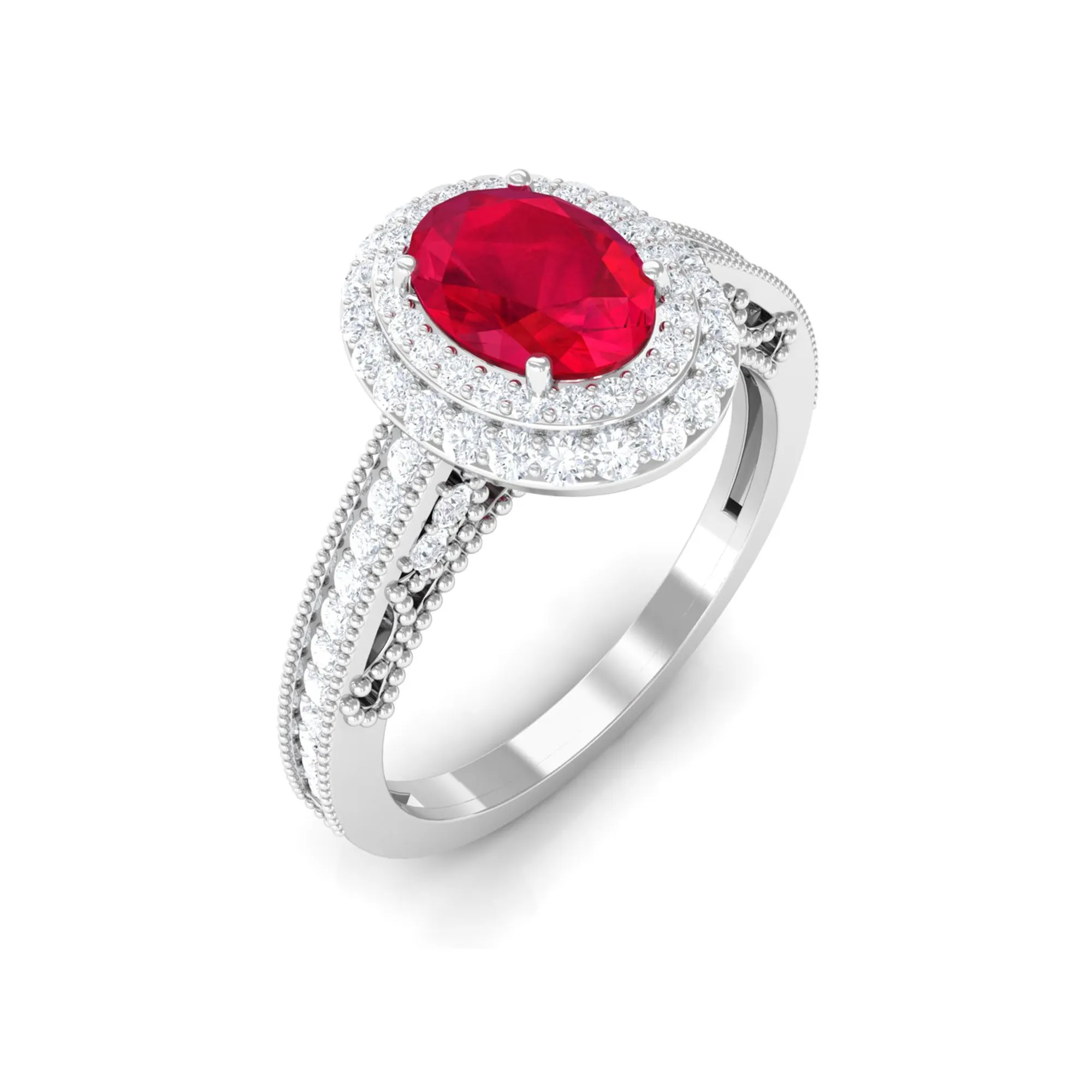 Oval Created Ruby and Diamond Double Halo Engagement Ring