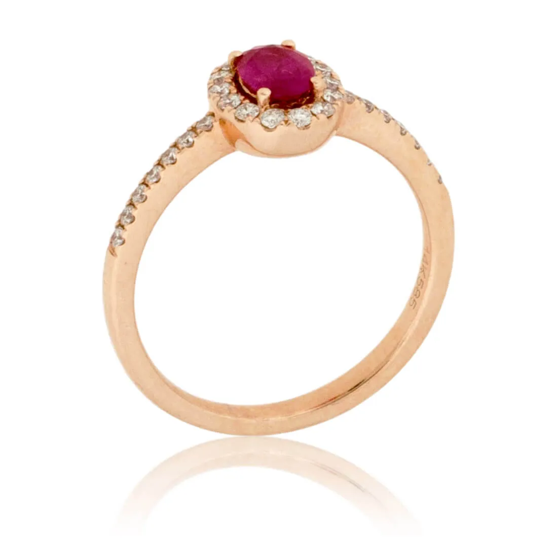 Oval Ruby and Diamond Halo Rose Gold Ring