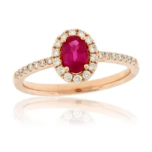 Oval Ruby and Diamond Halo Rose Gold Ring