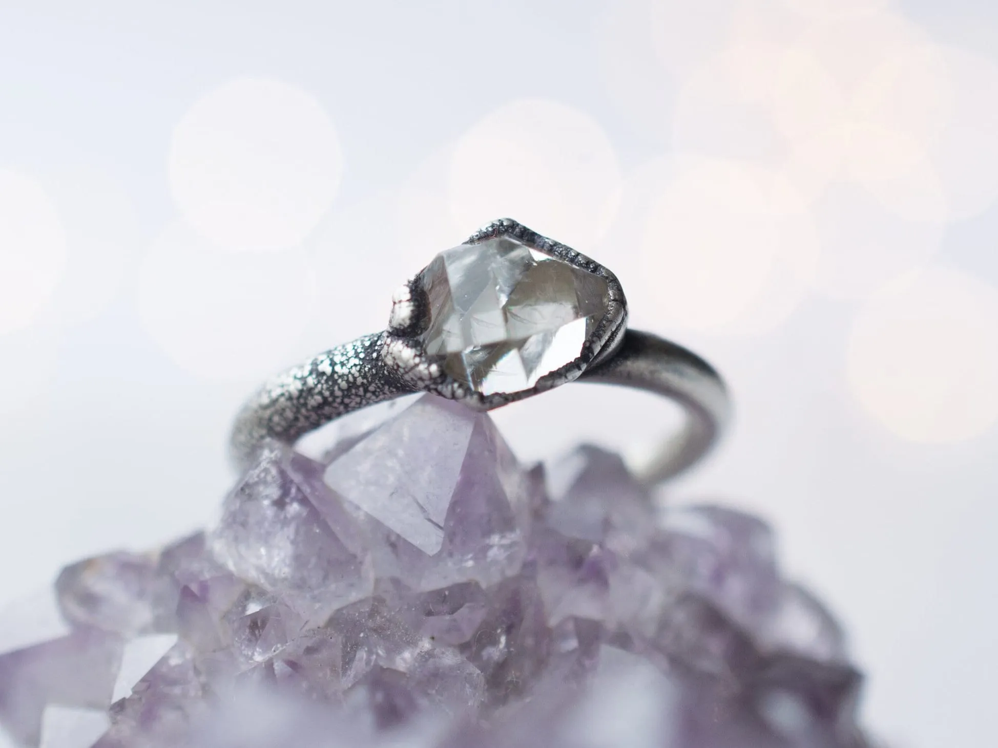 Oxidized silver raw crystal ring | Herkimer diamond ring