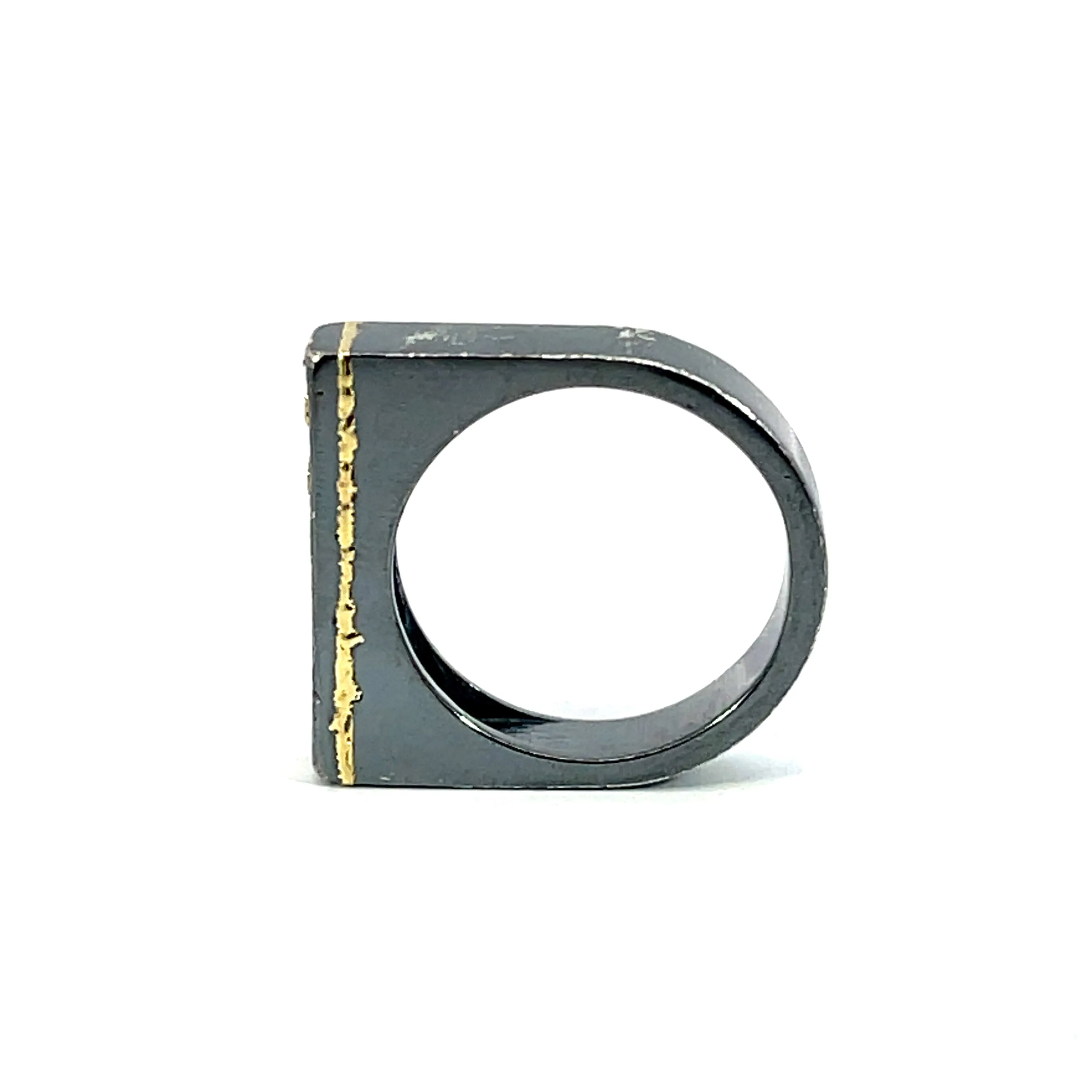 Oxidized Sterling Silver Men's Signet Style Ring with 18k Yellow Gold rivets