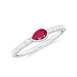 Pear Ruby East West Promise Ring with Diamond