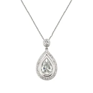 Pear Shaped Bezel Set Diamond Halo Pendant Necklace in White Gold, 0.50 cttw