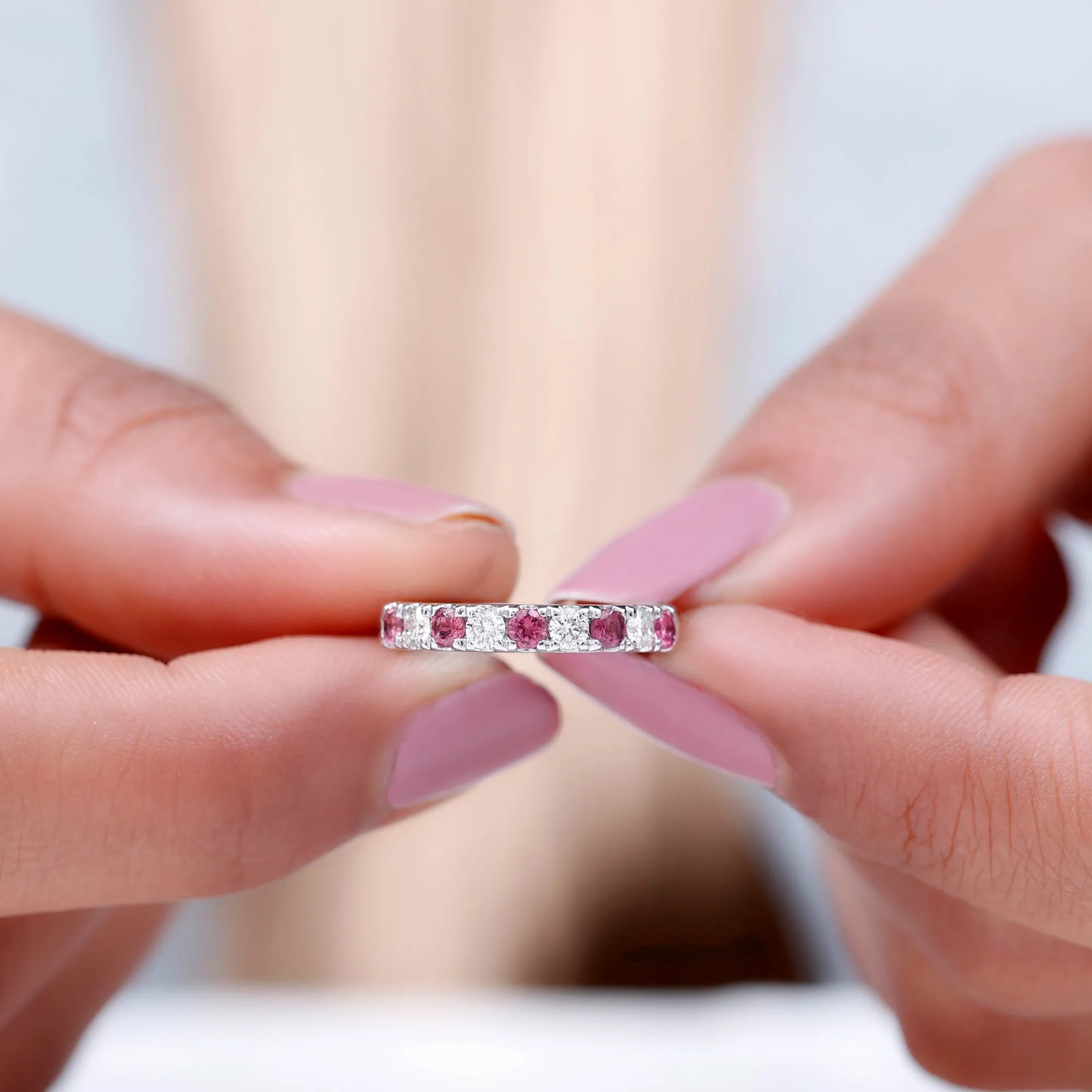 Pink Tourmaline and Diamond Nine Stone Band Ring