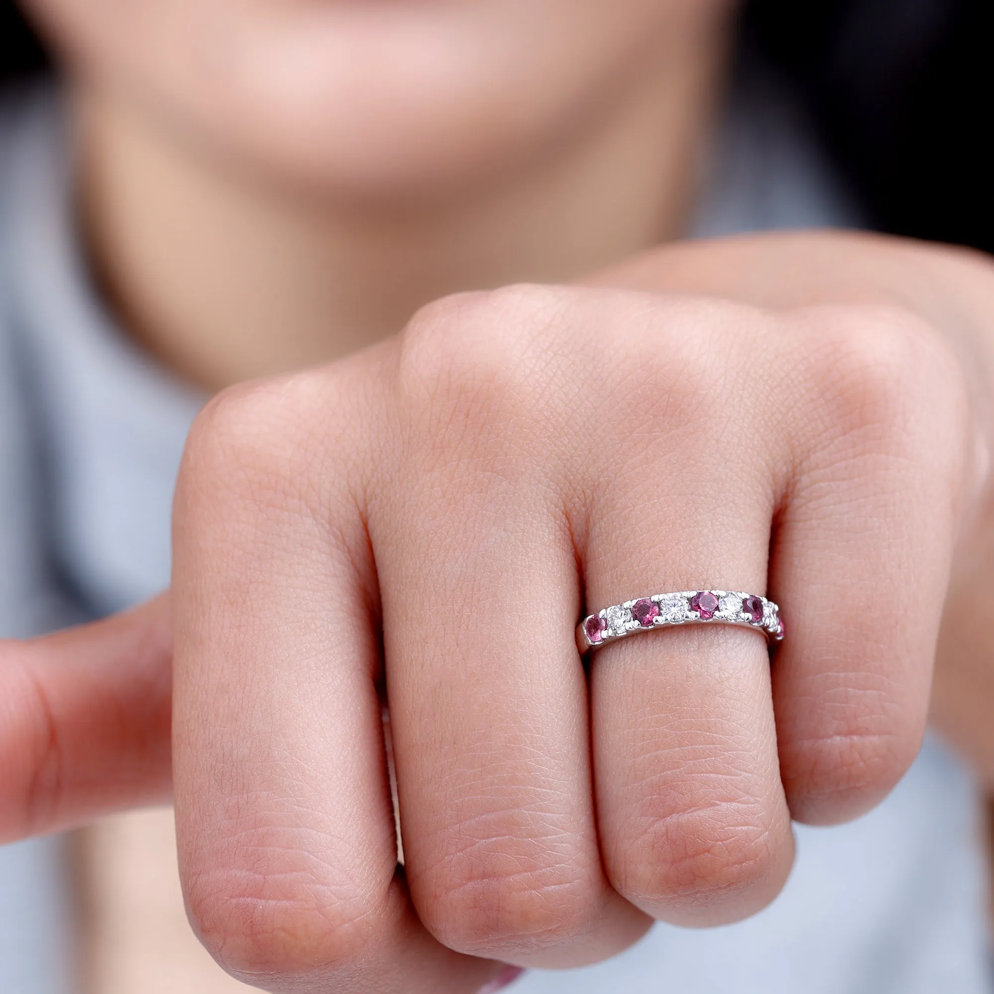 Pink Tourmaline and Diamond Nine Stone Band Ring