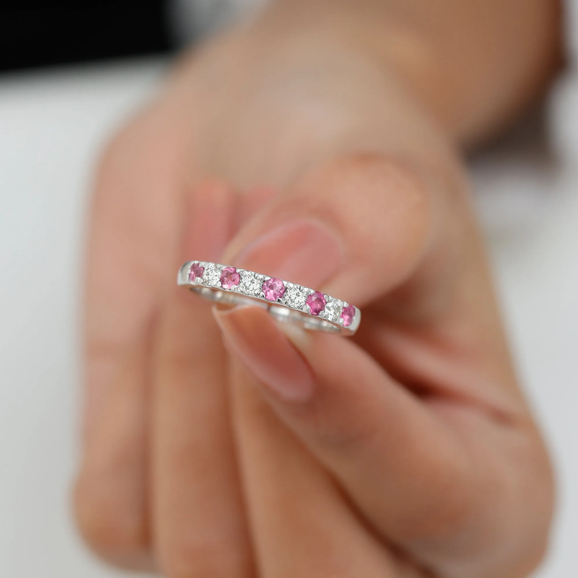 Pink Tourmaline and Diamond Nine Stone Band Ring