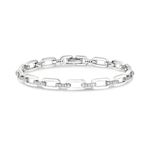 Platinum Finish Sterling Silver Micropave Open Links Bracelet with Simulated Diamonds.  - 7.5"