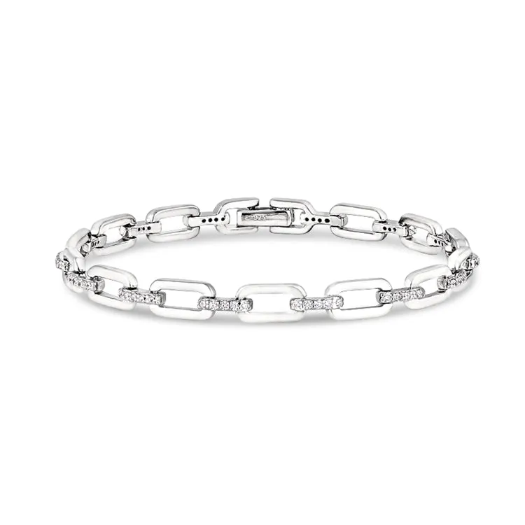 Platinum Finish Sterling Silver Micropave Open Links Bracelet with Simulated Diamonds.  - 7.5"