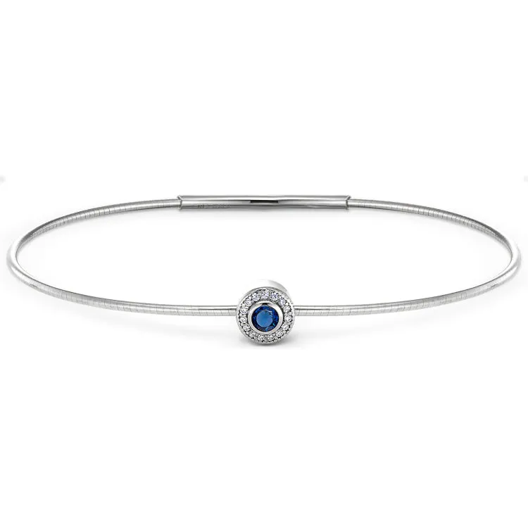 Platinum Finish Sterling Silver Round Simulated Sapphire Birth Gem Bracelet with Simulated Diamonds