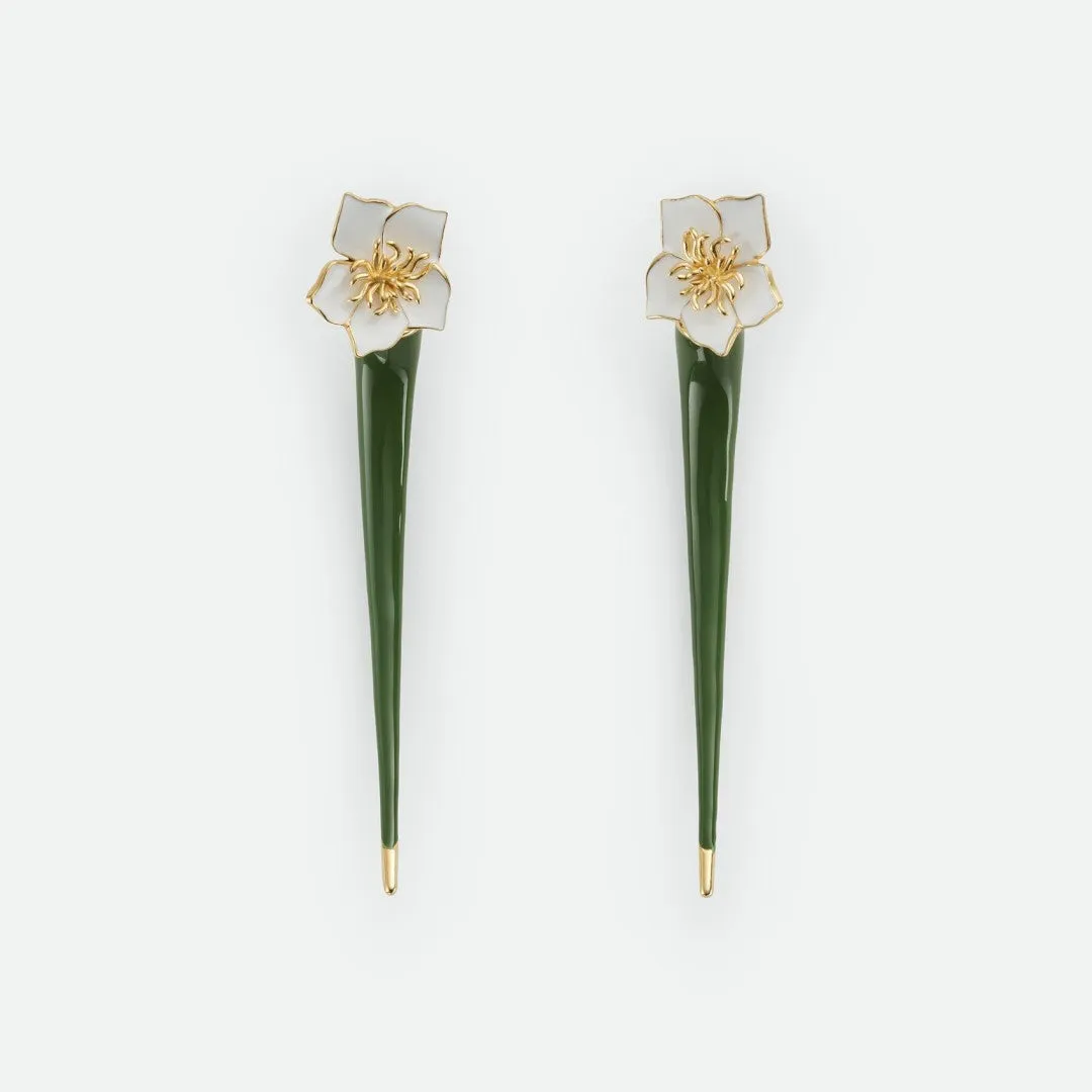 Pre Order:  Green Long Enamel Sculpture Flower Shaped Earrings