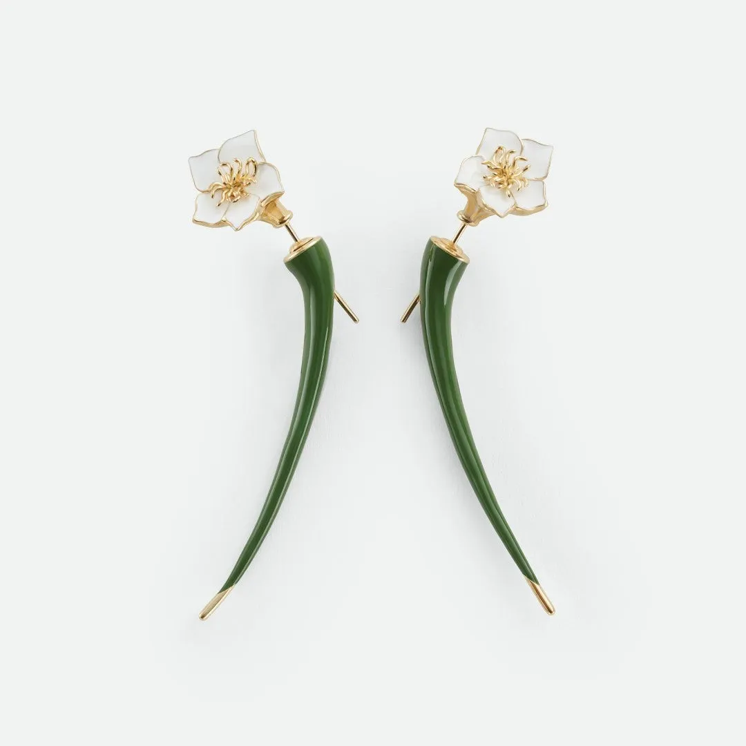 Pre Order:  Green Long Enamel Sculpture Flower Shaped Earrings