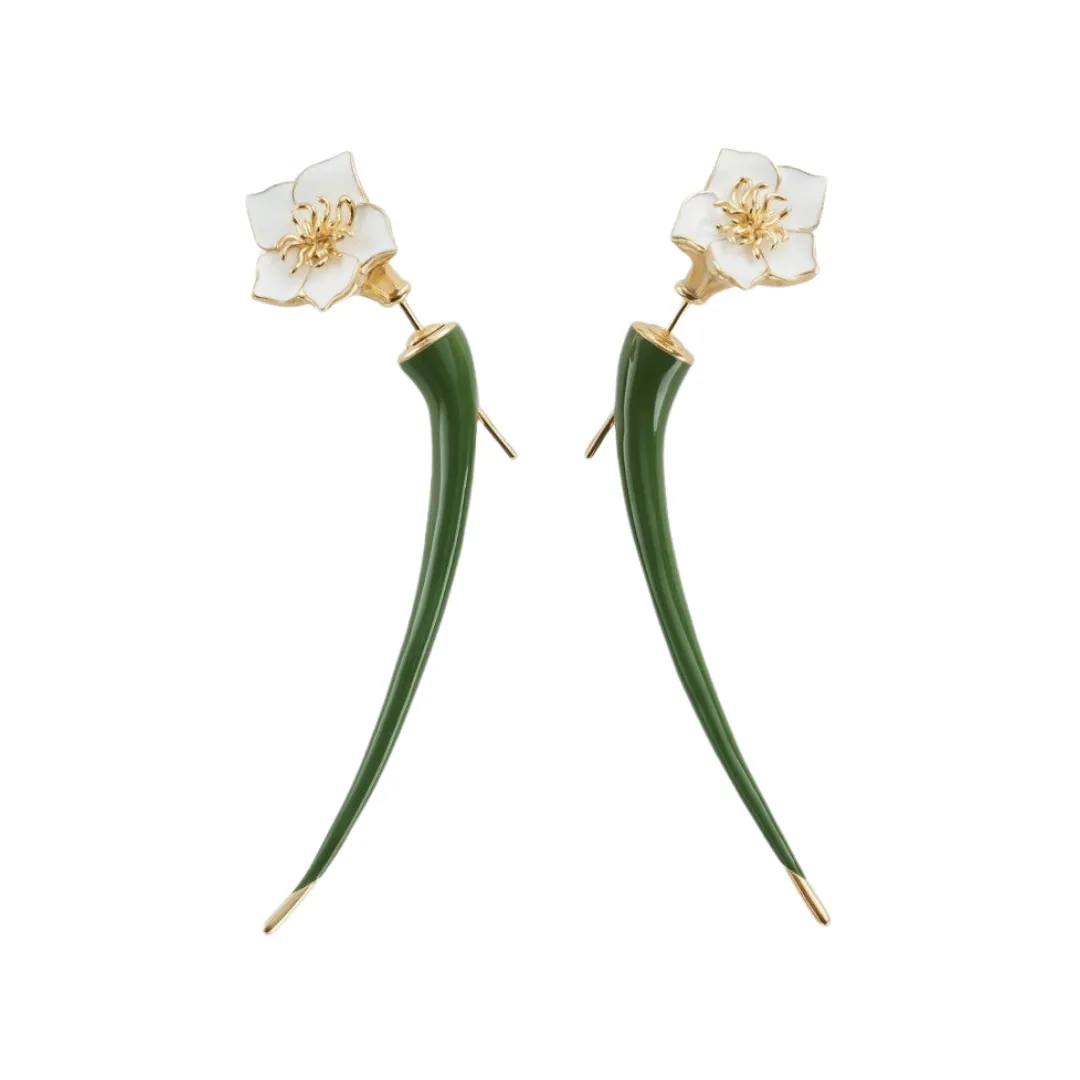 Pre Order:  Green Long Enamel Sculpture Flower Shaped Earrings