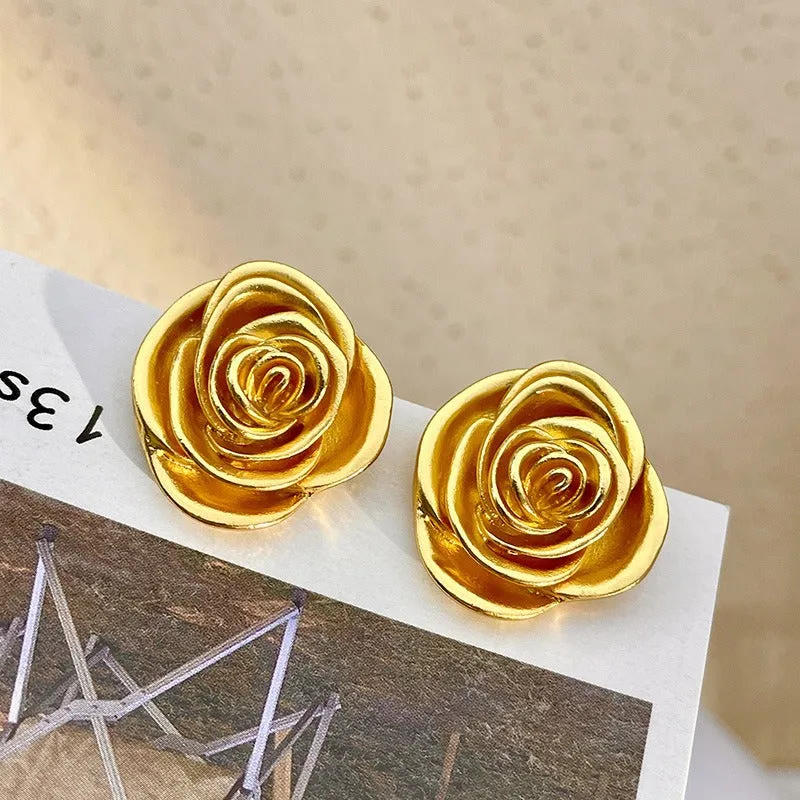 Pre Order:  Retro Medal Gold Three-Dimensional Rose Stud Earrings