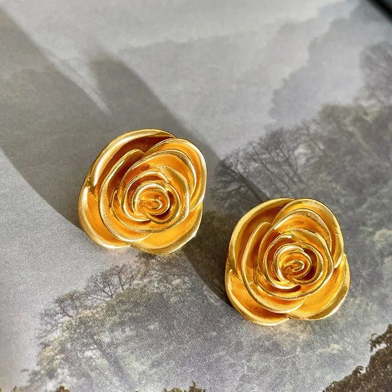 Pre Order:  Retro Medal Gold Three-Dimensional Rose Stud Earrings