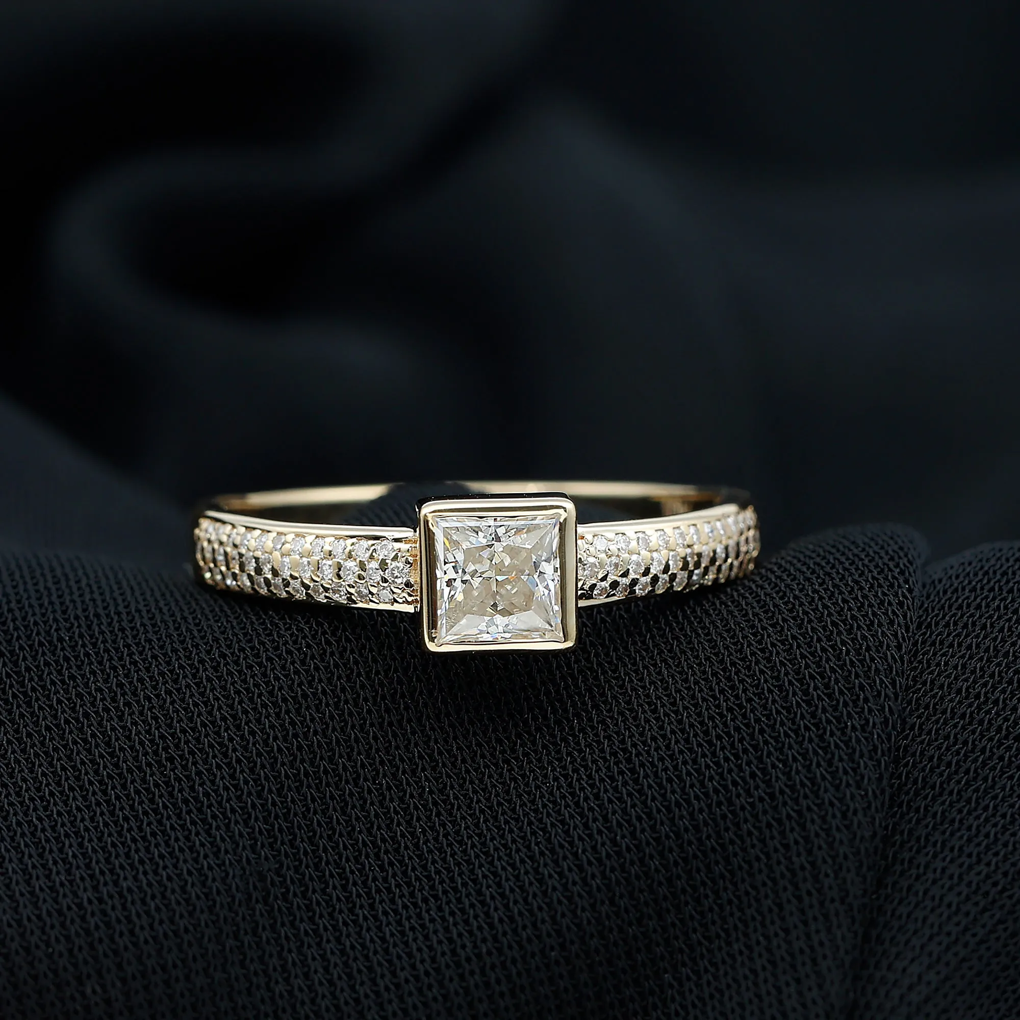 Princess Cut Moissanite Solitaire Engagement Ring in Bezel Setting