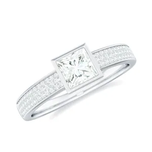 Princess Cut Moissanite Solitaire Engagement Ring in Bezel Setting