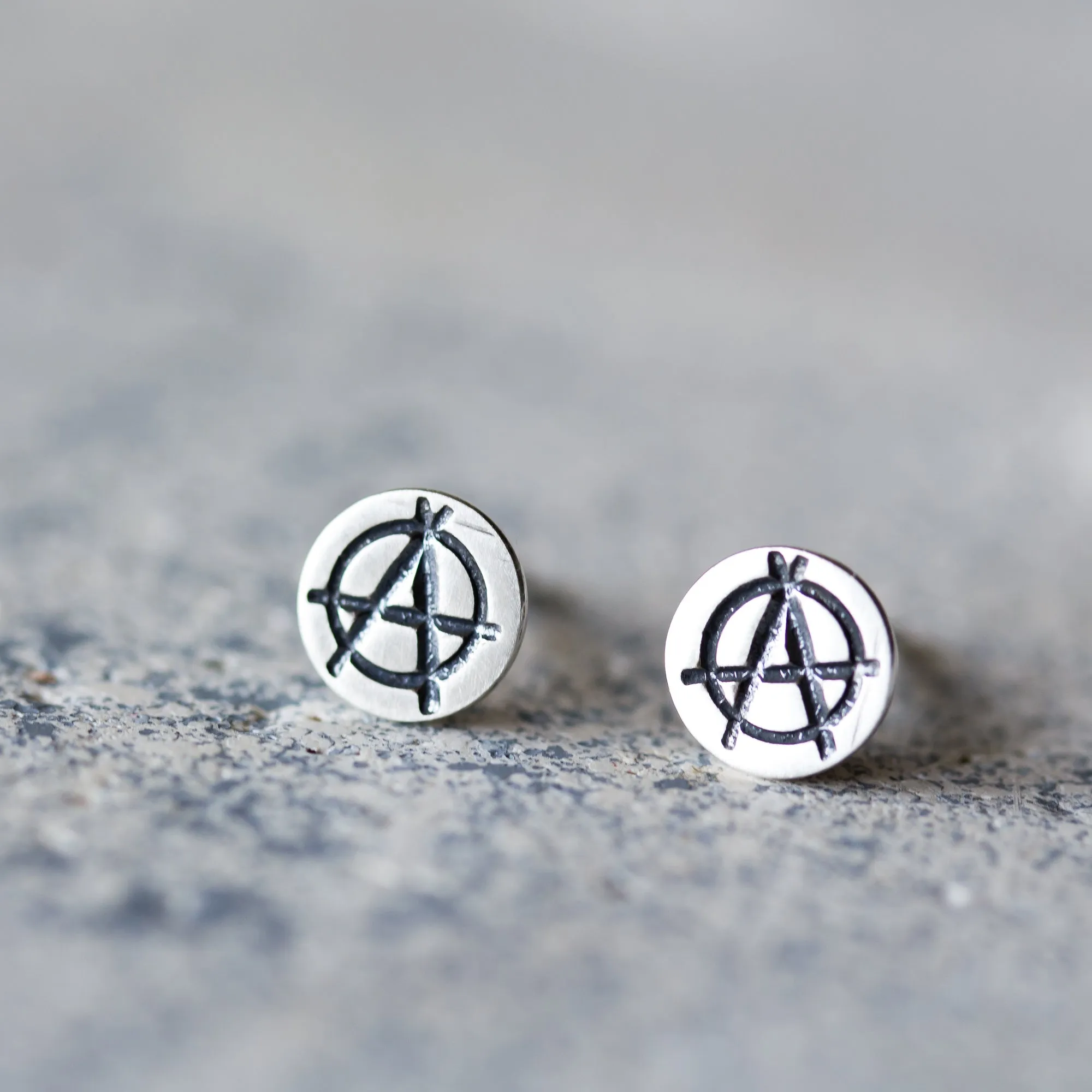 Punk Rock Anarchy Logo Stud Earrings, Hand Stamped Sterling Silver