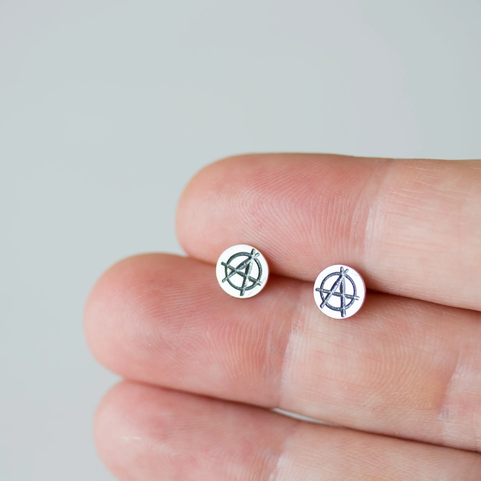 Punk Rock Anarchy Logo Stud Earrings, Hand Stamped Sterling Silver