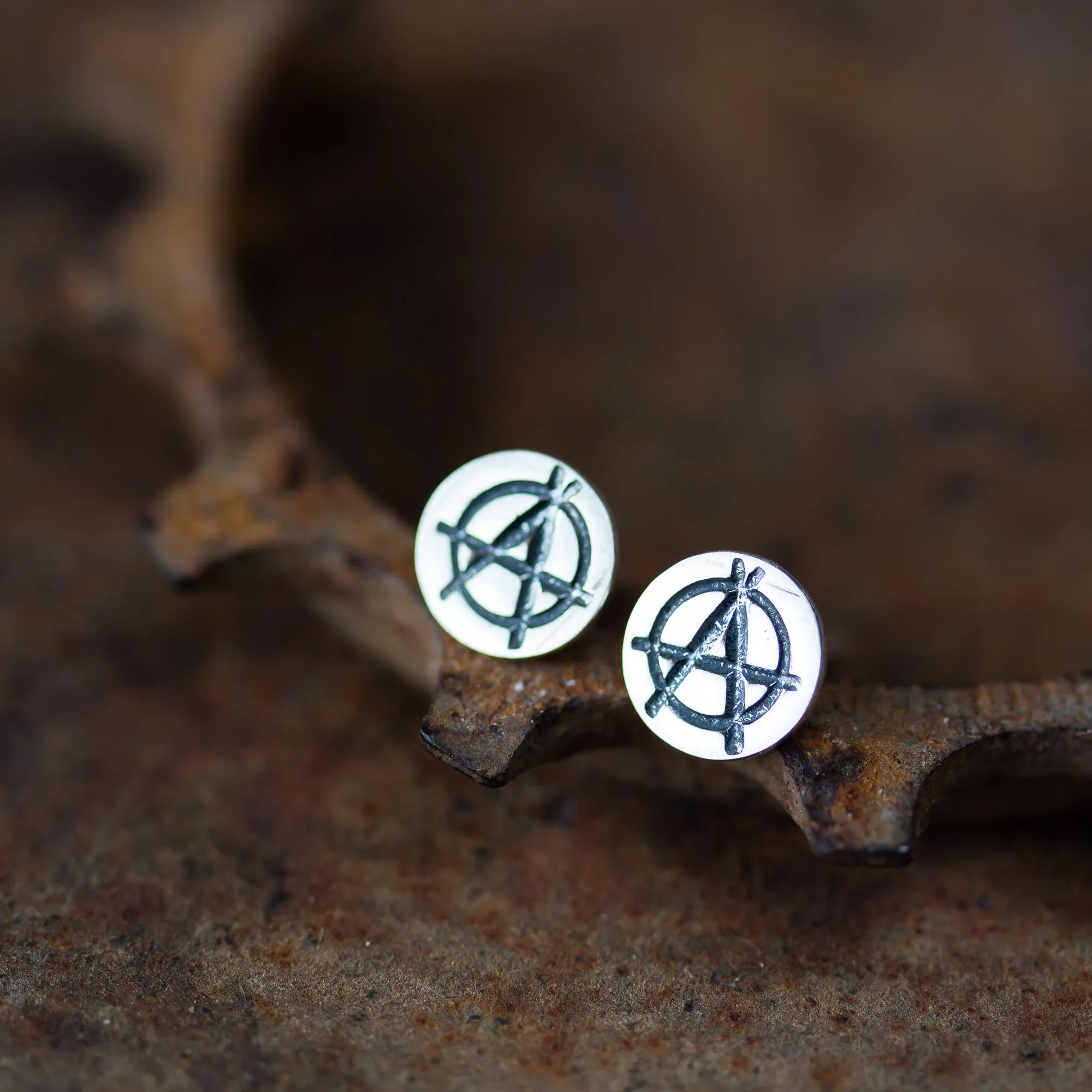 Punk Rock Anarchy Logo Stud Earrings, Hand Stamped Sterling Silver