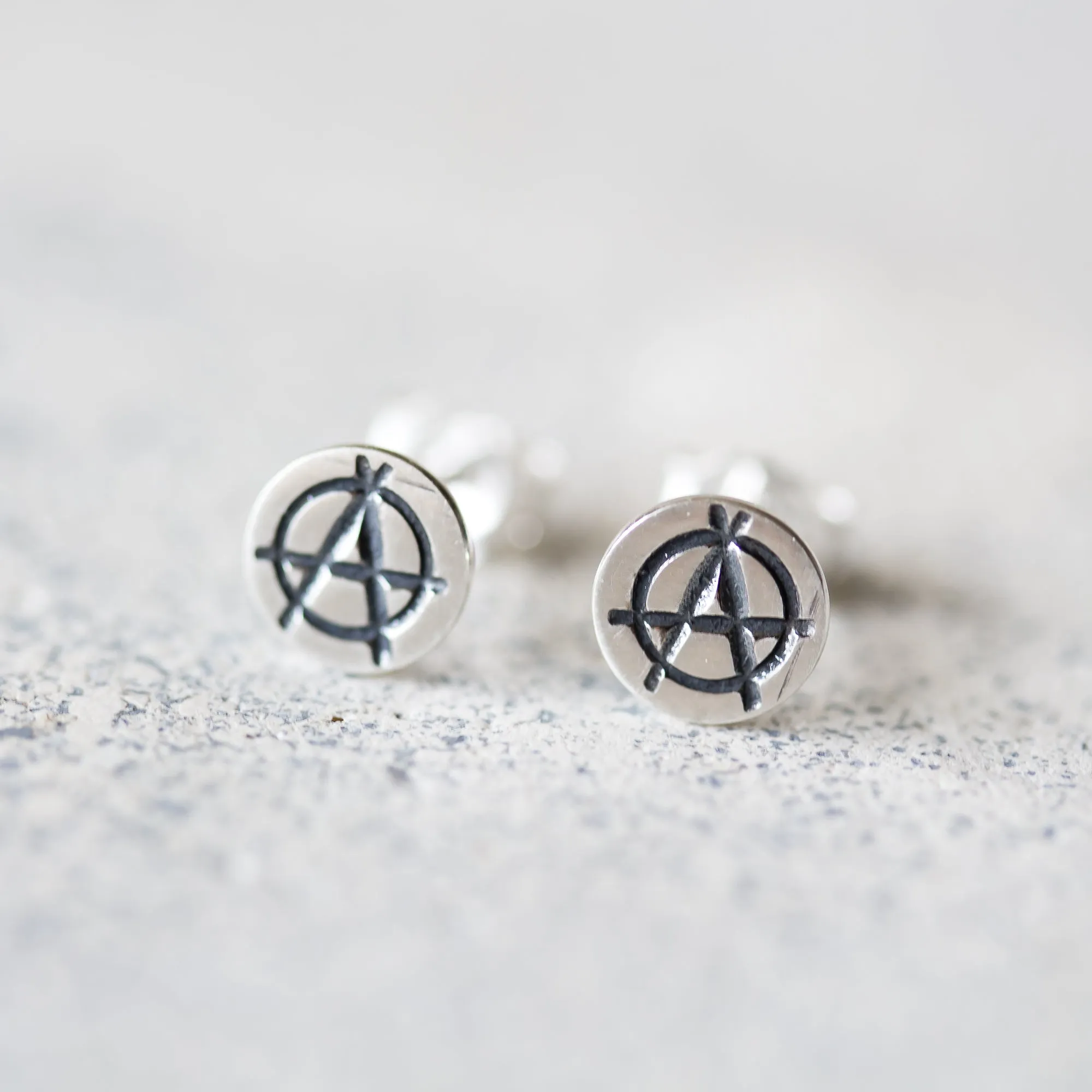 Punk Rock Anarchy Logo Stud Earrings, Hand Stamped Sterling Silver