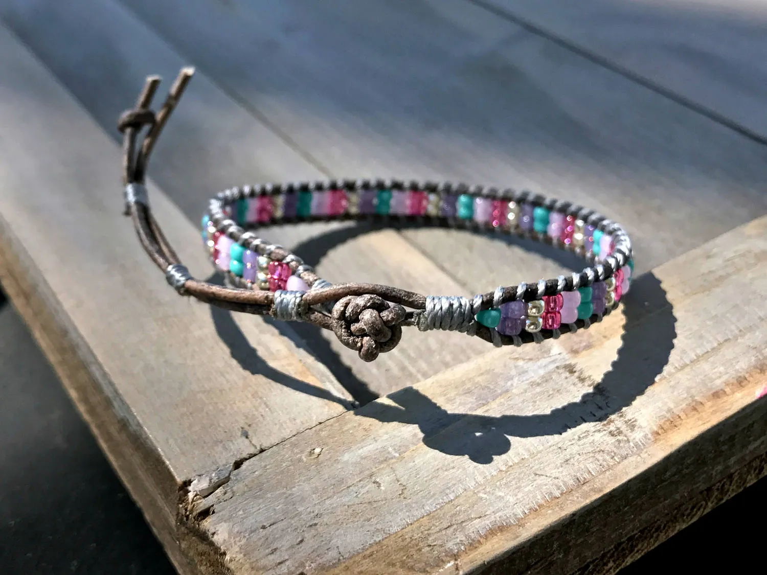 Purple Turquoise and Pink Ladder Woven Leather Stack bracelet