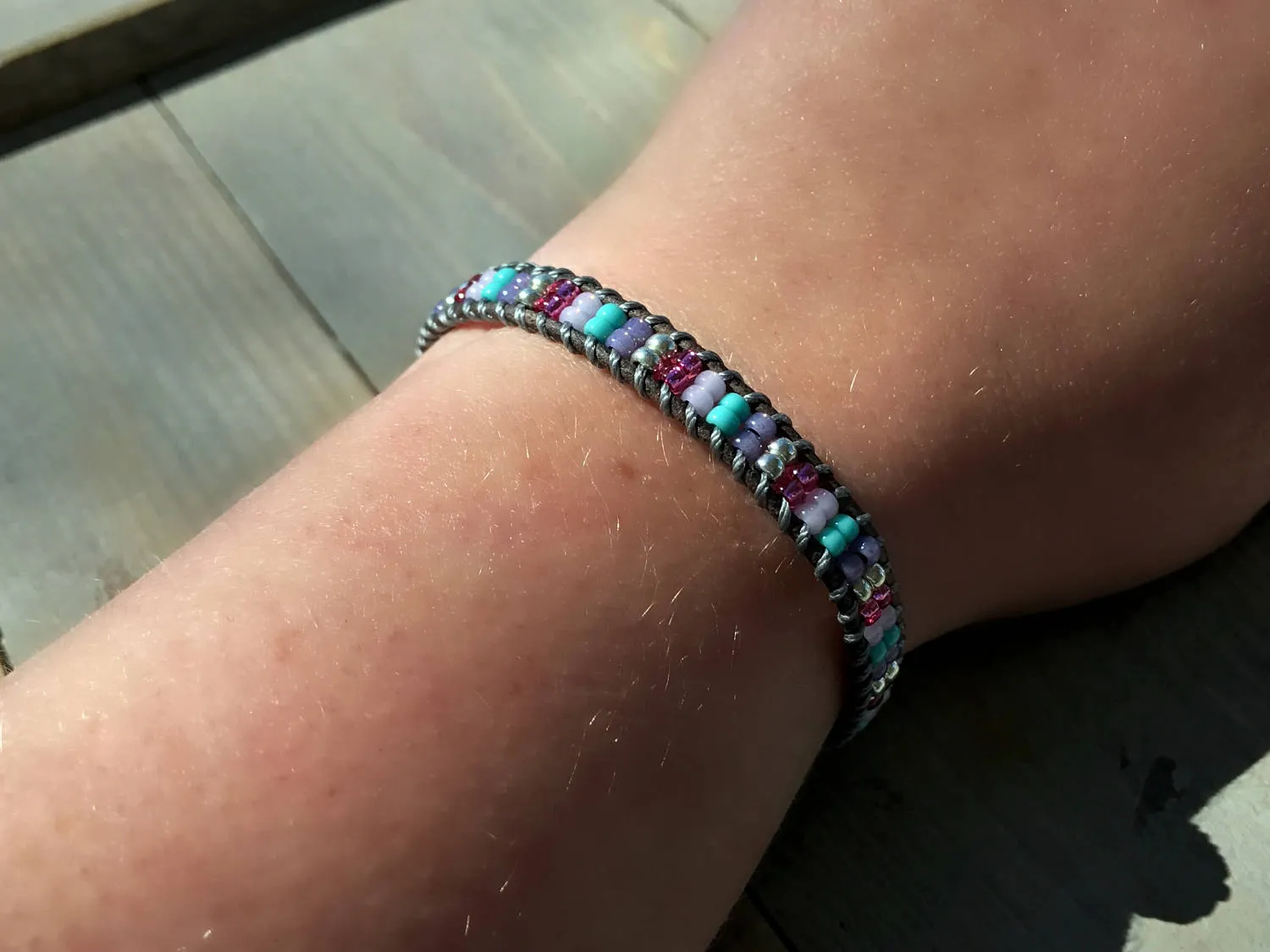 Purple Turquoise and Pink Ladder Woven Leather Stack bracelet