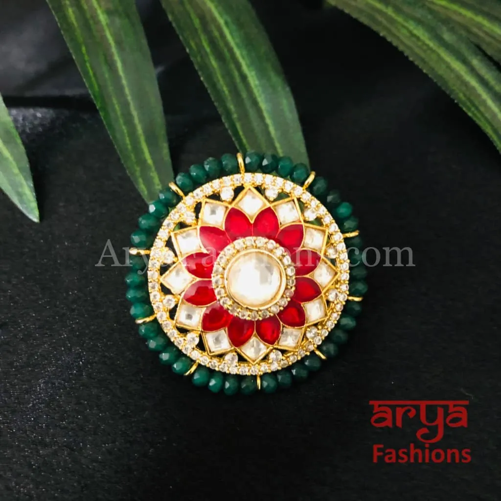 Rajwadi Emerald Ruby Pacchi Kundan Golden Adjustable Ring