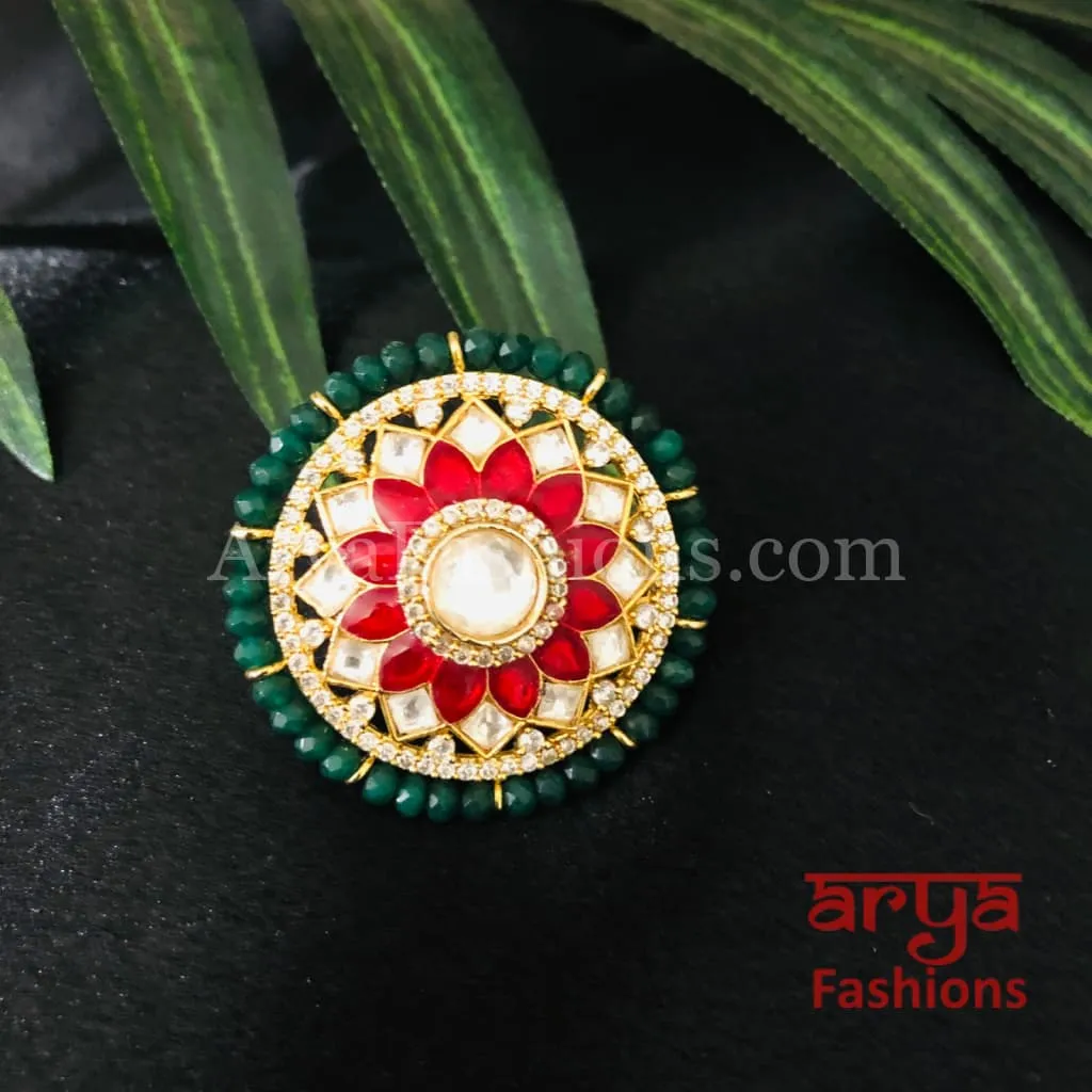 Rajwadi Emerald Ruby Pacchi Kundan Golden Adjustable Ring