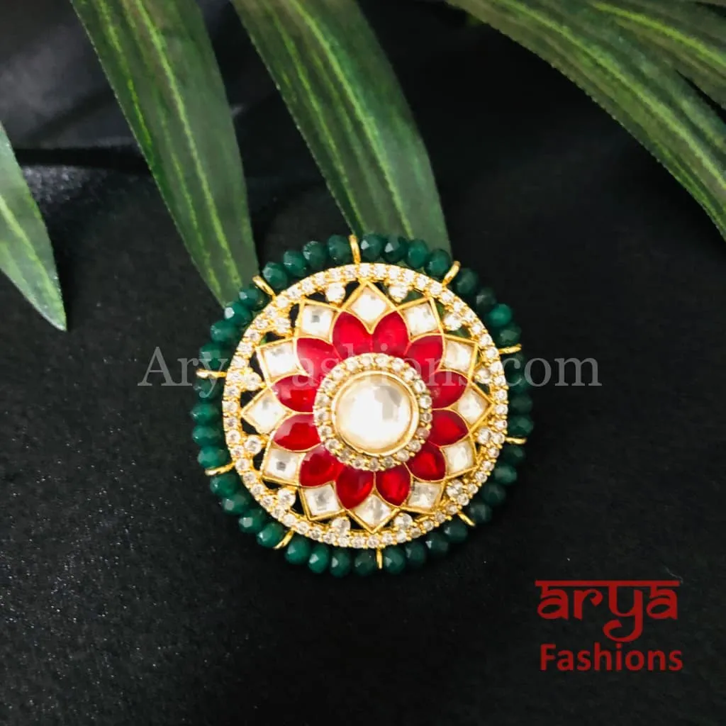 Rajwadi Emerald Ruby Pacchi Kundan Golden Adjustable Ring