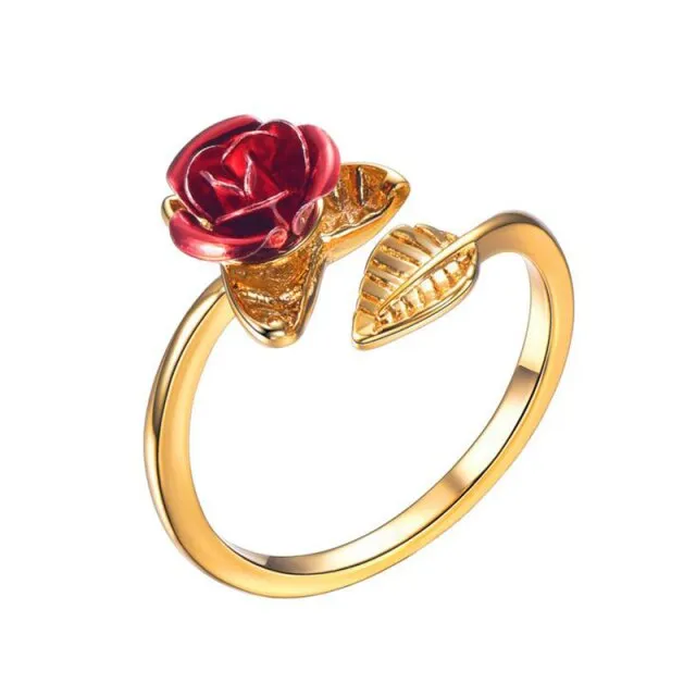 Red Rose Flower Leaves Opening Ring