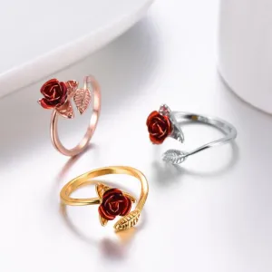 Red Rose Flower Leaves Opening Ring