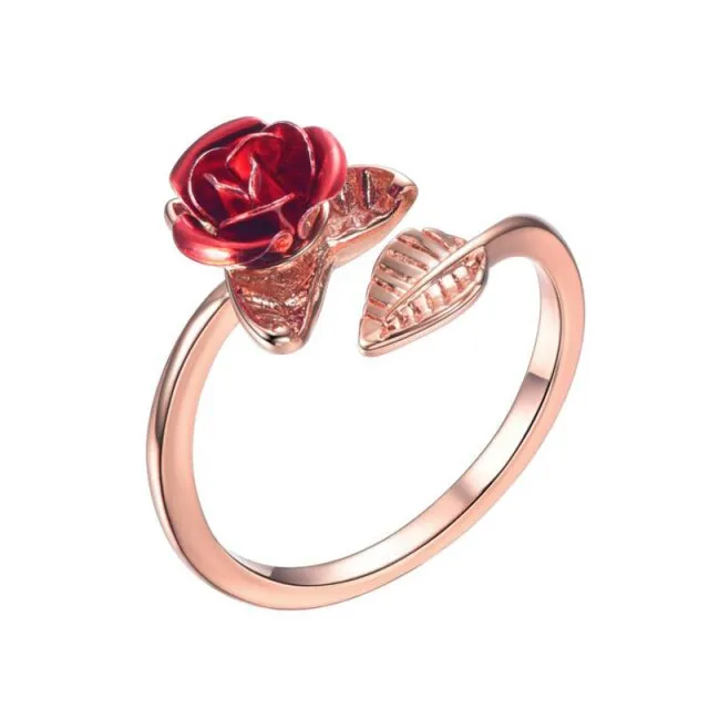 Red Rose Flower Leaves Opening Ring