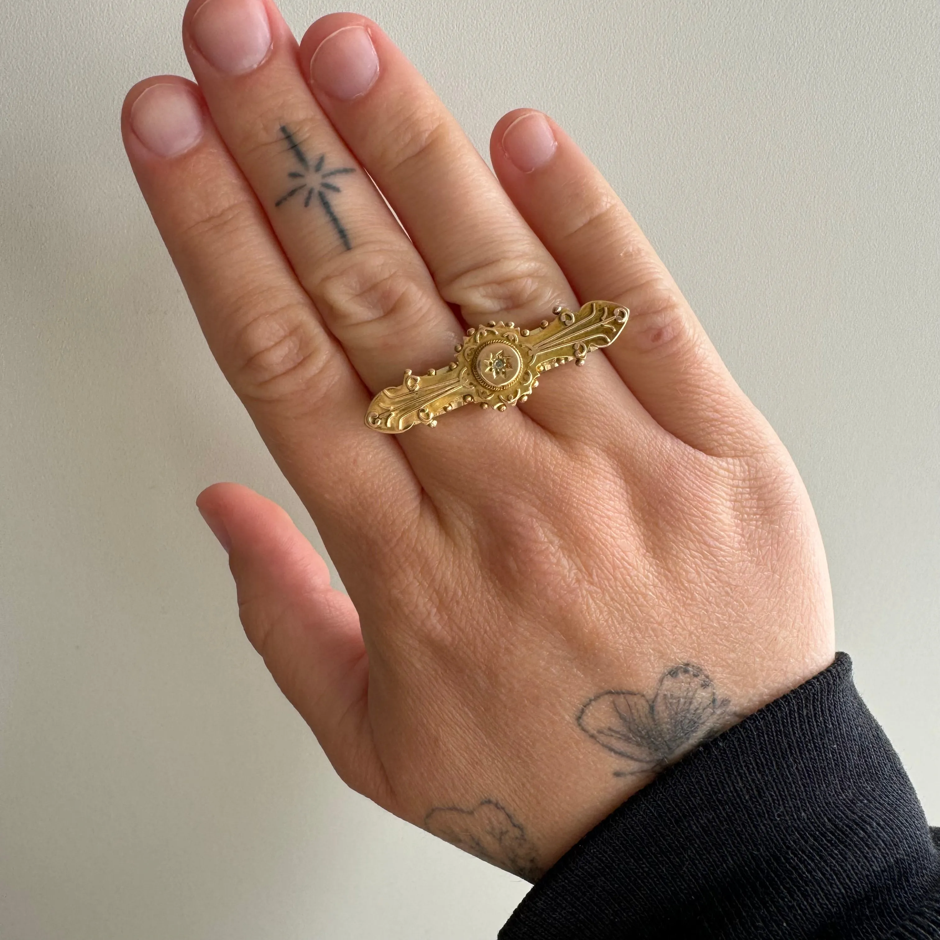 reimagined A N T I Q U E // celestial gut punch / 9k   10k   diamond two finger ring / size 6ish