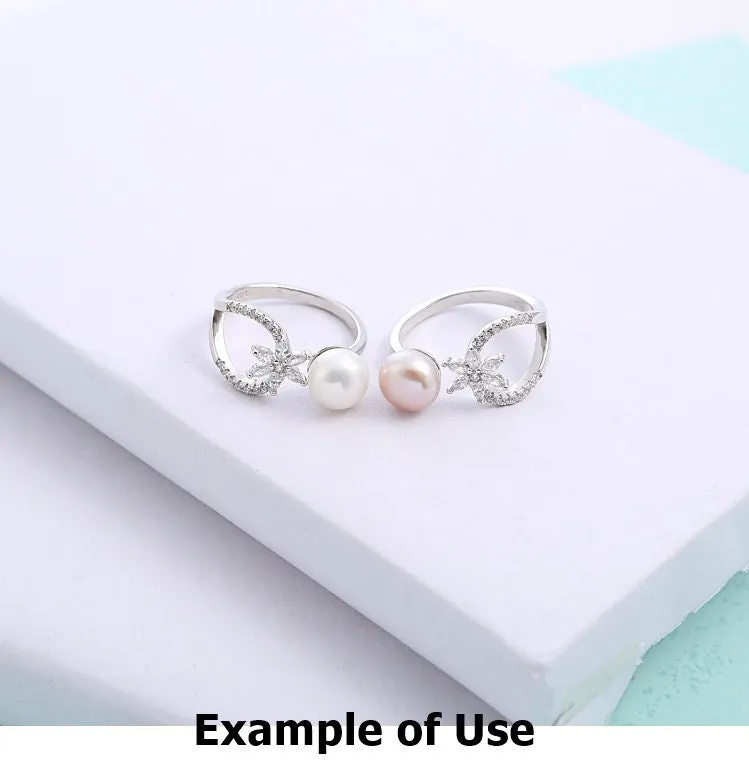 Ring Blank Pearl Setting 8mm 925 Solid Sterling Silver White Gold Bezel Flower Cup Adjustable For One Bead DIY Jewelry Finding Wholesale 1pc