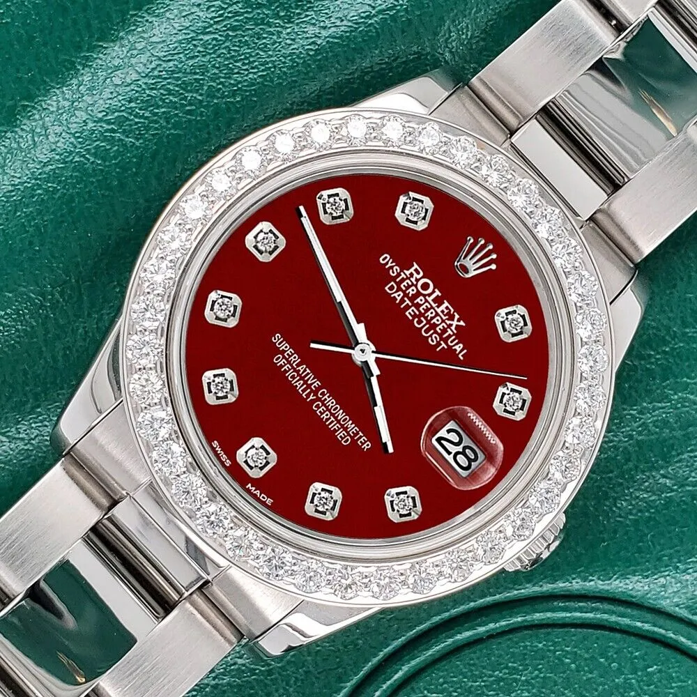 Rolex Datejust Midsize 31mm 1.52ct Bezel/Imperial Red Diamond Dial Oyster Watch TFJ-142507875