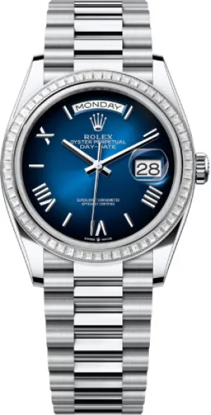 Rolex Day-Date 36 36mm Blue Ombré Roman Dial Diamond-Set Bezel President Bracelet - 128396TBR | 2024 Model