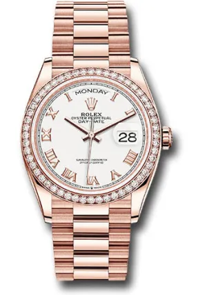 Rolex Everose Gold Day-Date 36 Watch - Diamond Bezel - White Roman Dial - President Bracelet - 128345rbr wrp