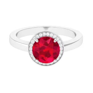 Round Created Ruby Halo Engagement Ring with Diamond