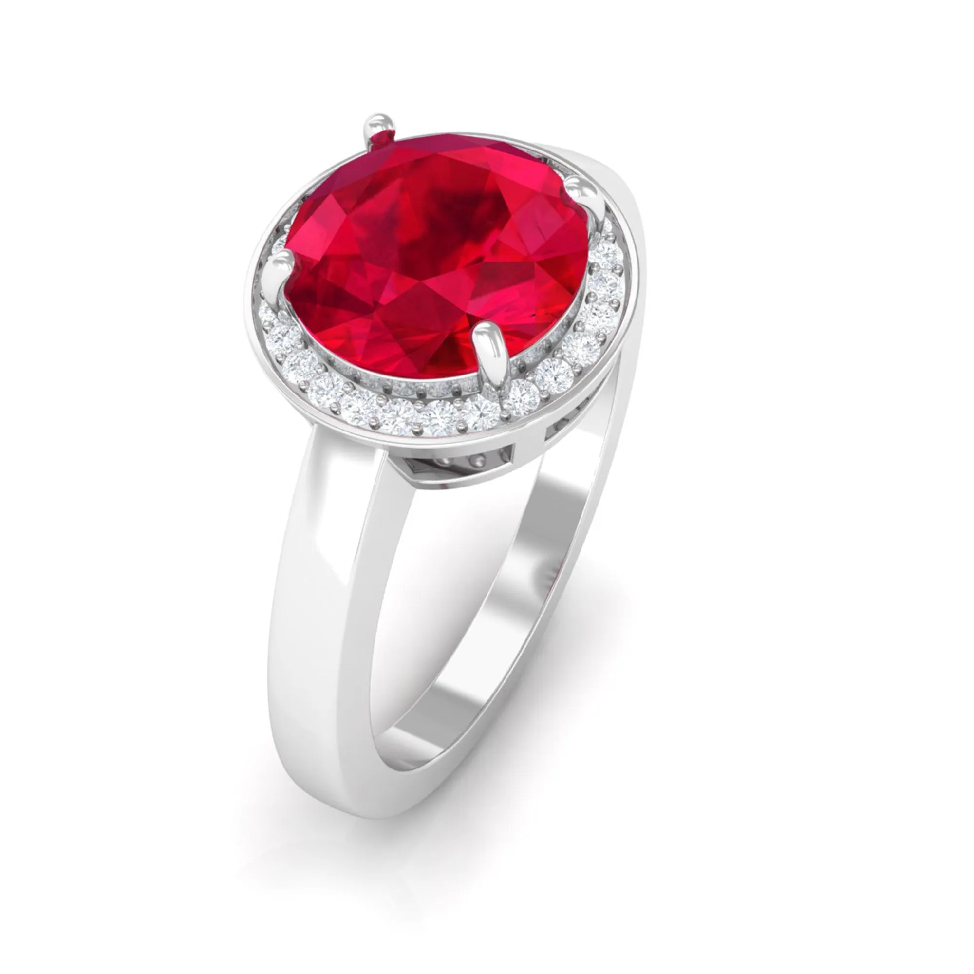 Round Created Ruby Halo Engagement Ring with Diamond