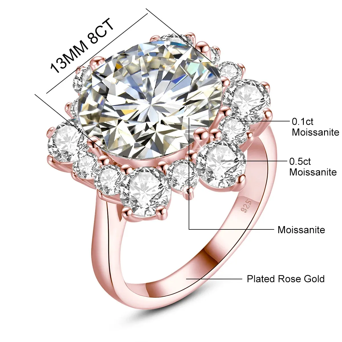 Round Flower Cut 13mm 8ct Moissanite Ring With Certification Luxury Wedding Fine Engagement Ring