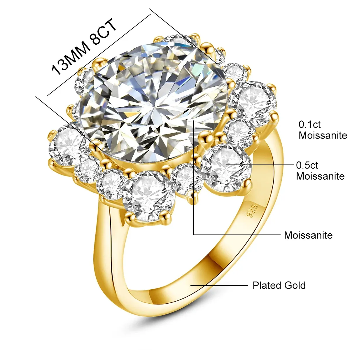 Round Flower Cut 13mm 8ct Moissanite Ring With Certification Luxury Wedding Fine Engagement Ring