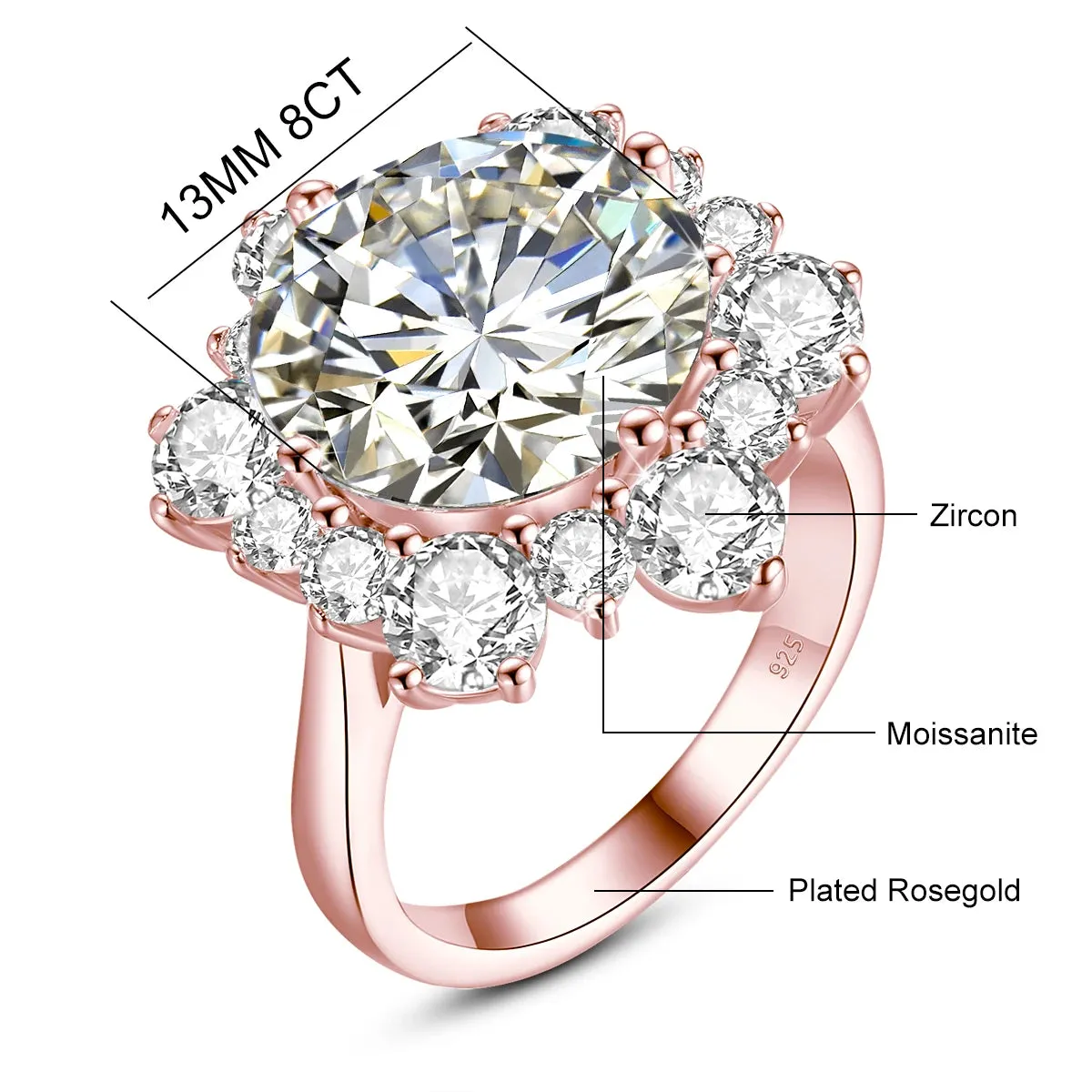 Round Flower Cut 13mm 8ct Moissanite Ring With Certification Luxury Wedding Fine Engagement Ring