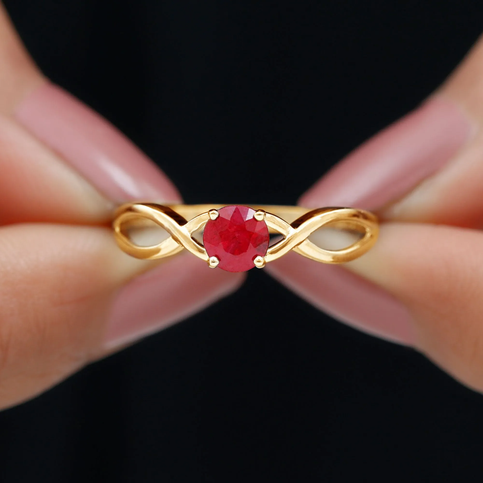 Round Ruby Solitaire Promise Ring in Crossover Shank