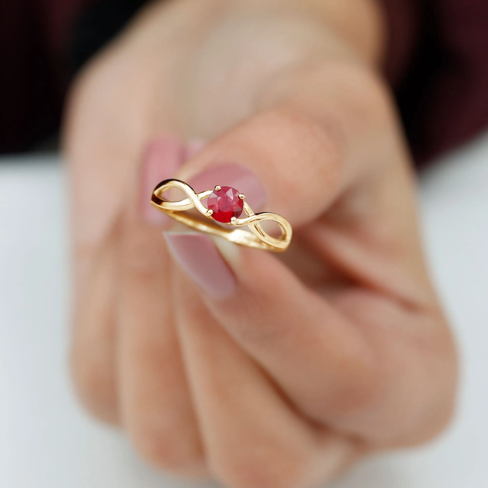 Round Ruby Solitaire Promise Ring in Crossover Shank