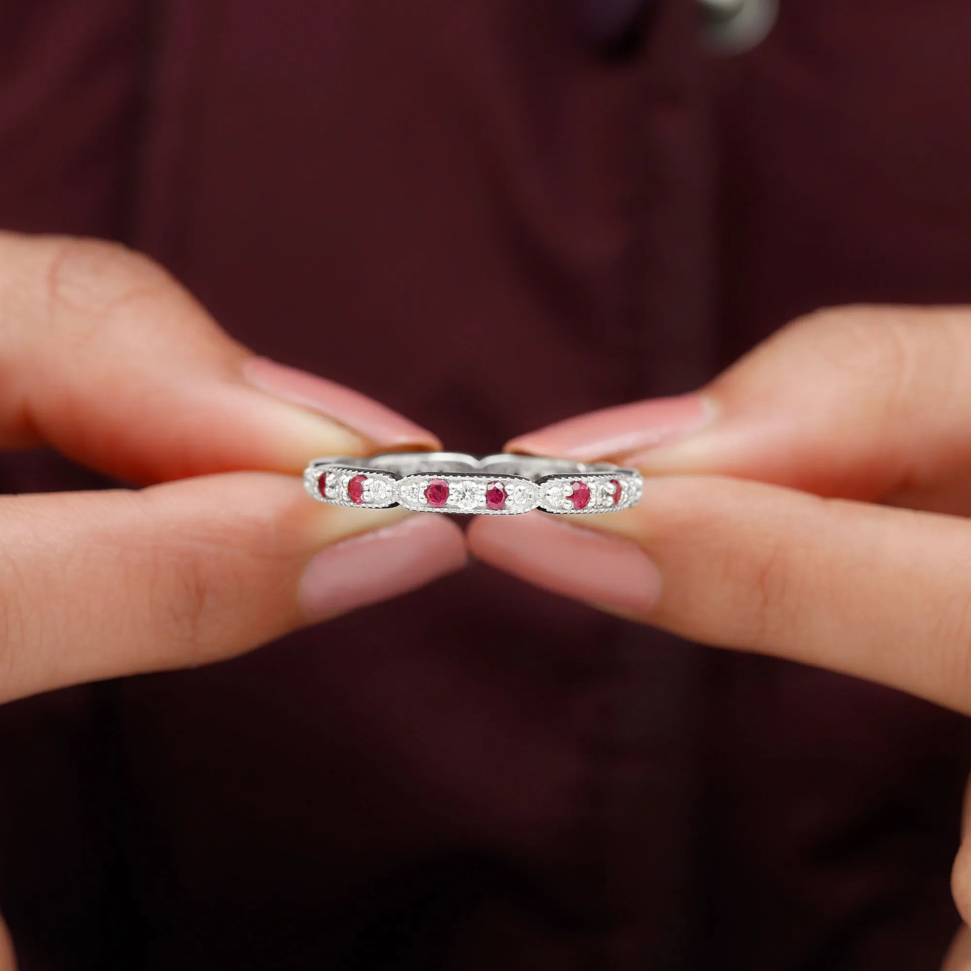 Ruby and Diamond Band Ring with Milgrain Details