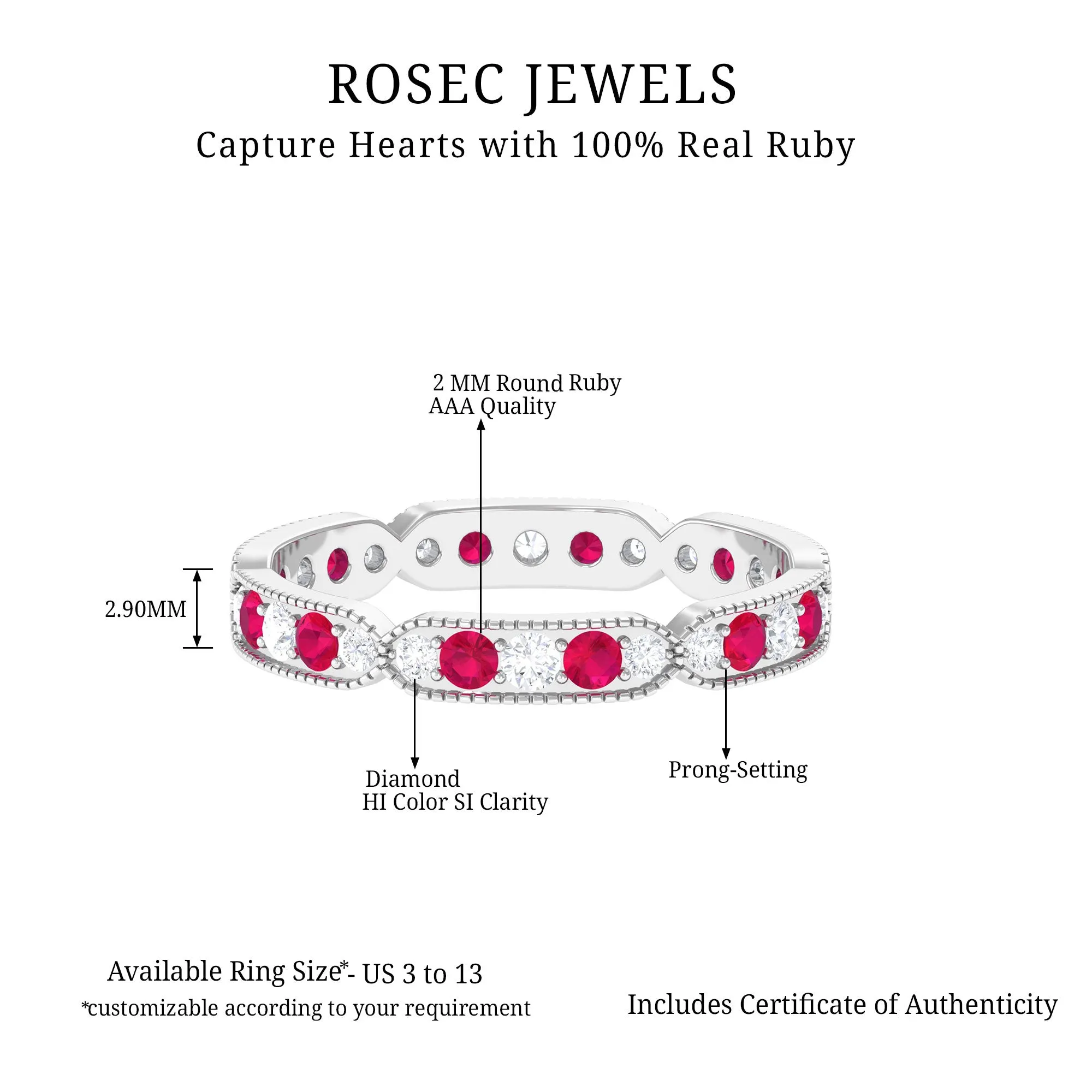 Ruby and Diamond Band Ring with Milgrain Details