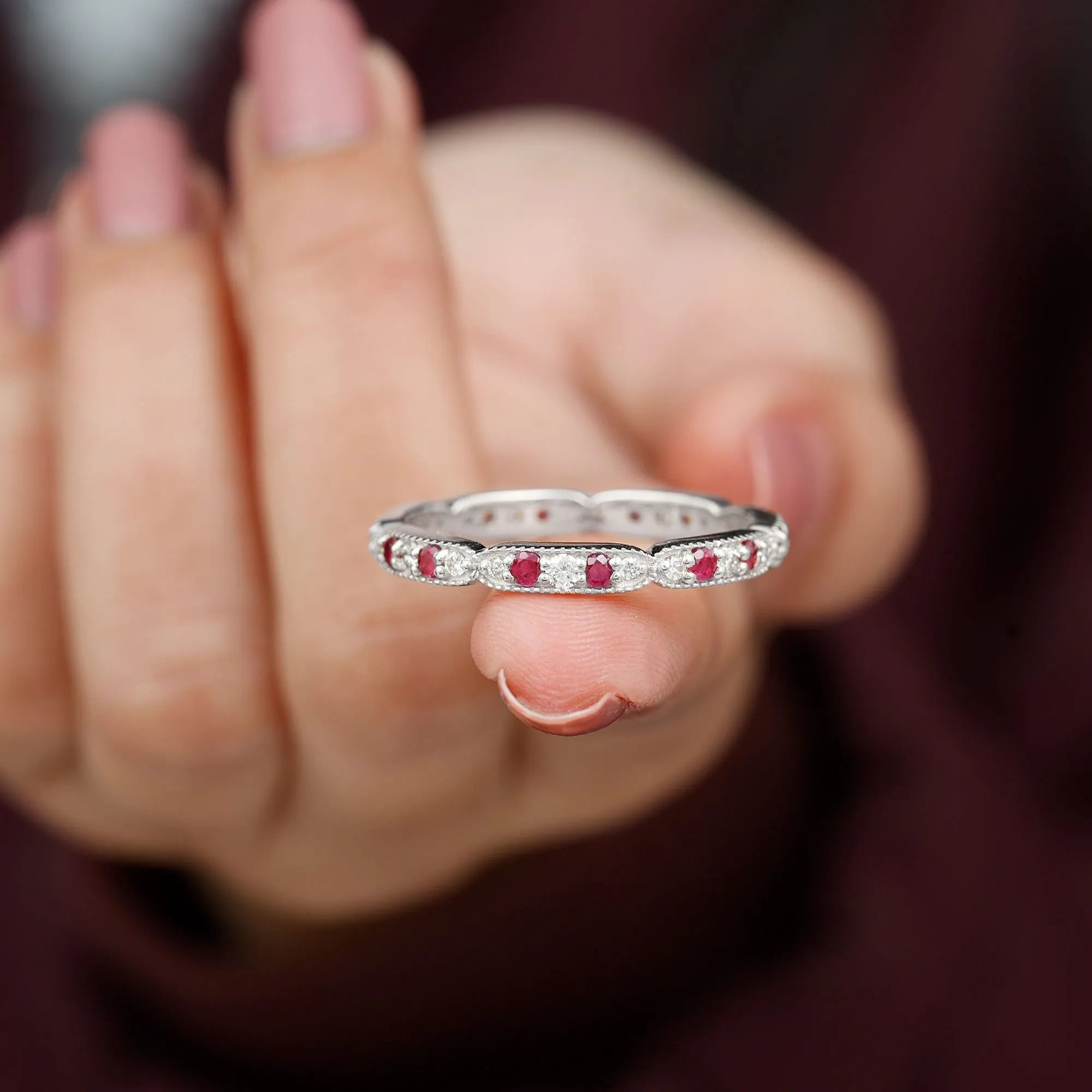 Ruby and Diamond Band Ring with Milgrain Details