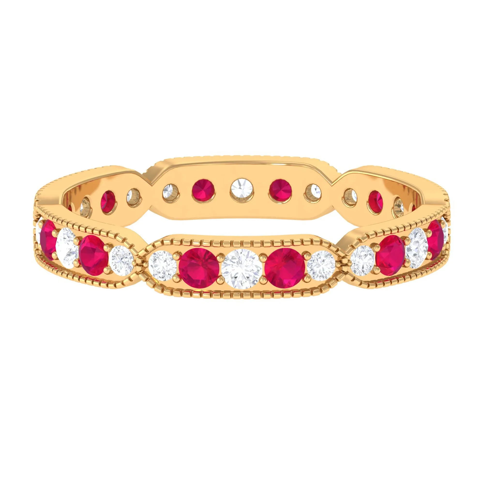 Ruby and Diamond Band Ring with Milgrain Details